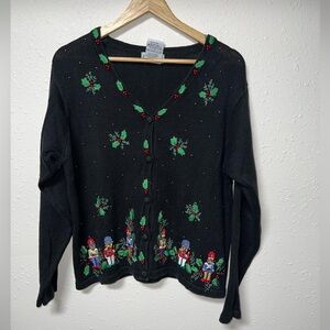 Vintage BP Design‎ Christmas Cardigan, Beaded Holly Berry and toy solders